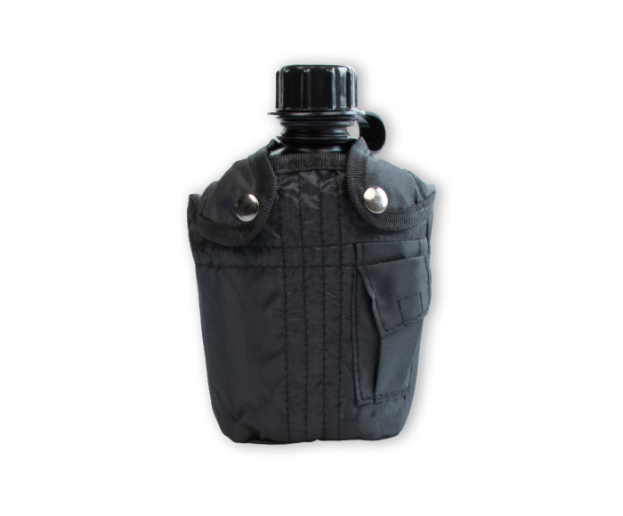 Feldflasche mit schwarzer Hülle